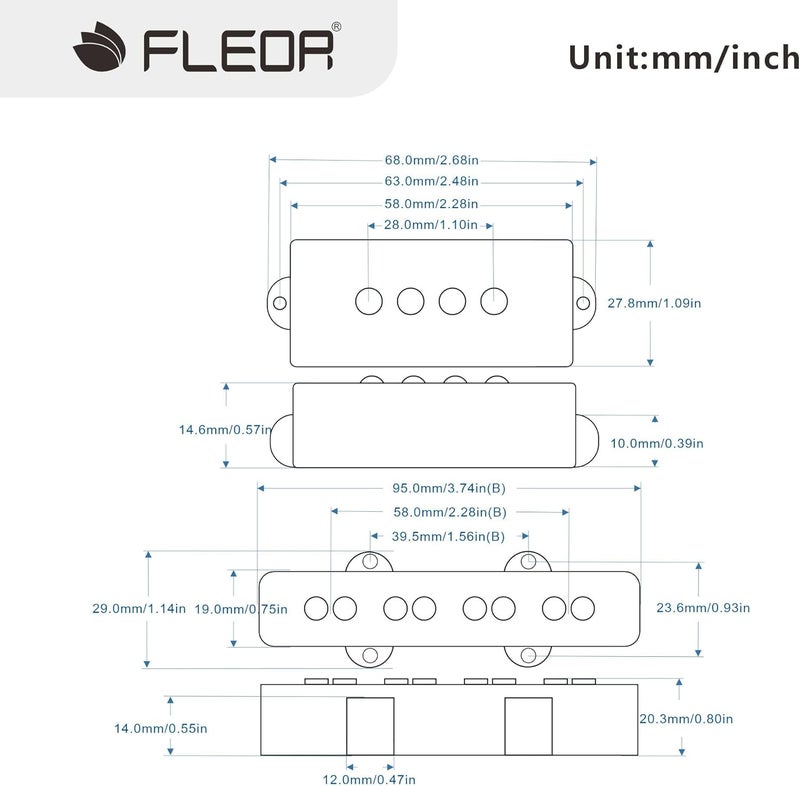 FLEOR Alnico 5 PJ Bass Pickups Neck Bridge Pickups Set for 4-String PB JB Bass Electric Bass - Image 2